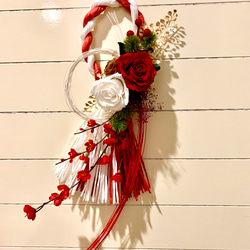 紅白しめ縄飾り＊大輪薔薇のプリザーブドフラワー 3枚目の画像