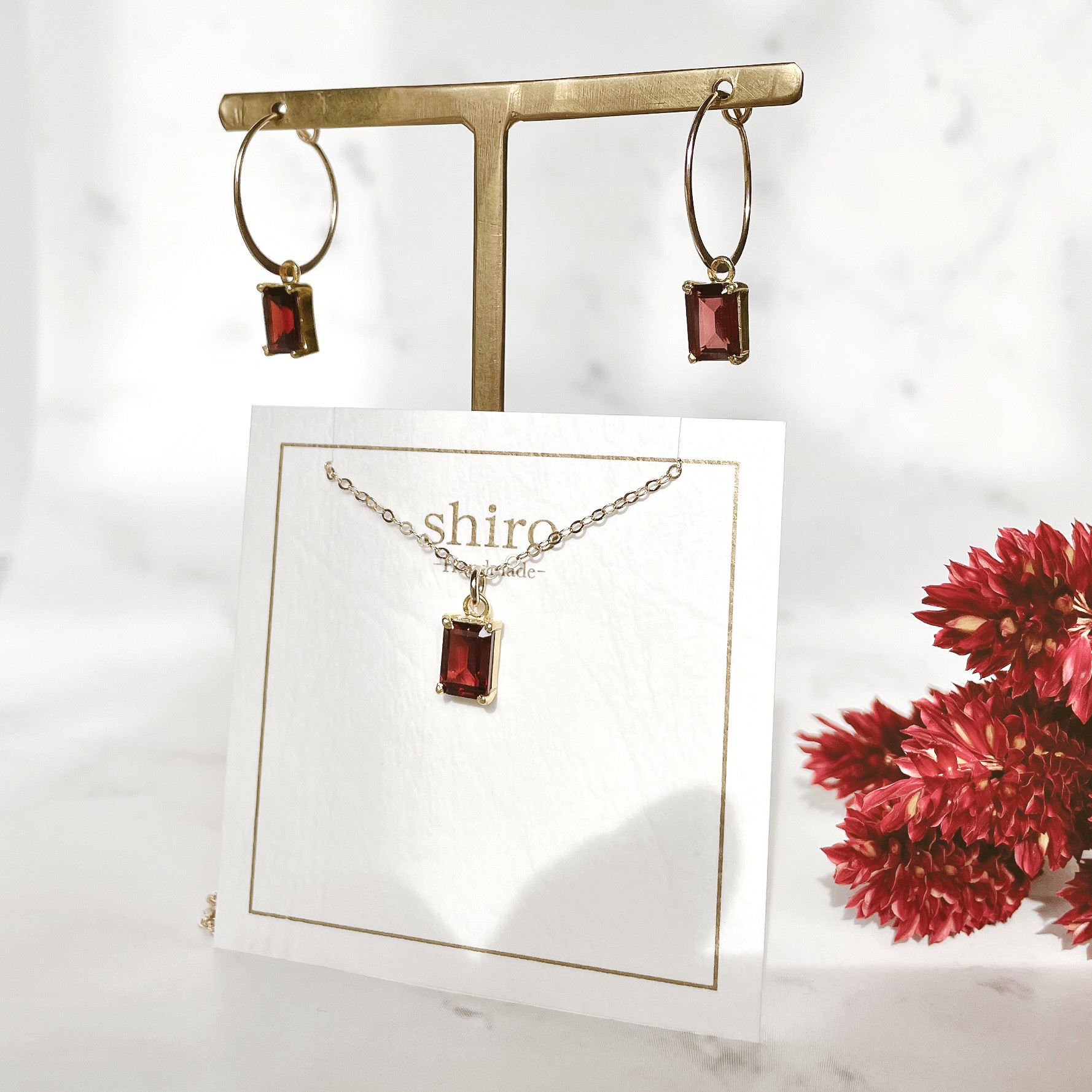 【1月誕生石】宝石質モザンビークガーネットのネックレスとフープピアス/イヤリング　パーツ変更可能　秋の福袋　14kgf