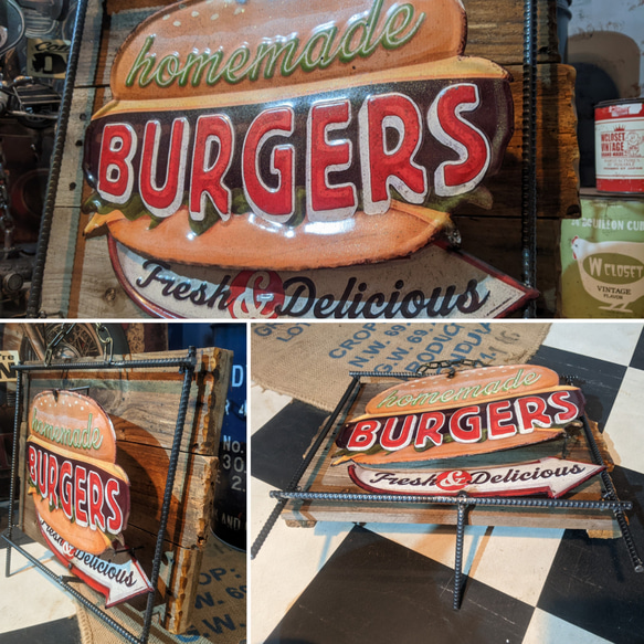 アメリカンダイナー/ ハンバーガー 立体式サインボード/ BURGERS 看板/ #店舗什器 #自立式看板 #キッチンカ 6枚目の画像