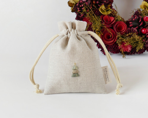 名入れ》ツリー＊リネンの手刺繍巾着ポーチ 巾着袋 ほころもり 通販