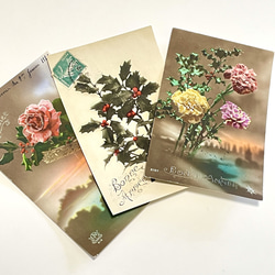 3 張古董明信片套裝鮮花（玫瑰、冬青、康乃馨）聖誕節/新年 | 法國 第1張的照片