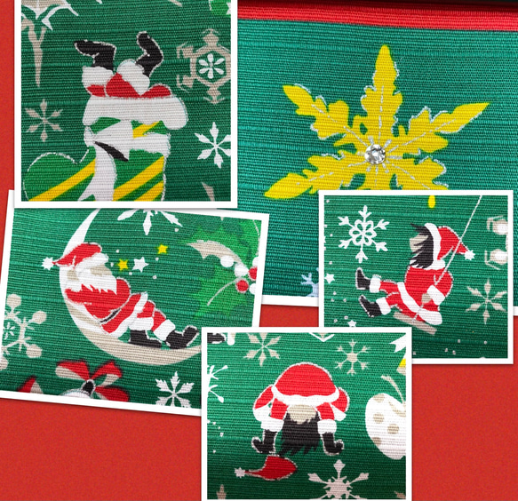 クリスマスタペストリー　緑　スワロフスキー付　サンタの大集合　京のおうち時間 2枚目の画像