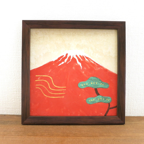 日本画ポスター】赤富士と松と黄金の風 絵画 ミニ額付き ミニアート