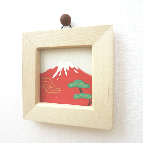 日本画ポスター】赤富士と松と黄金の風 絵画 ミニ額付き ミニアート