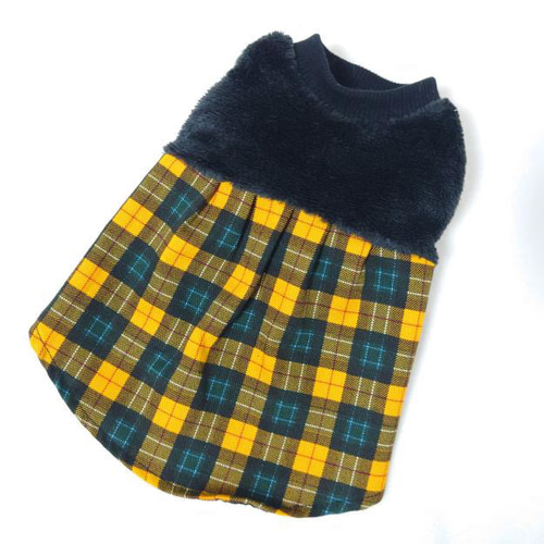 犬服‼︎フリースボア×チェック柄ワンピ イエロー☆XS.S.M ペット服