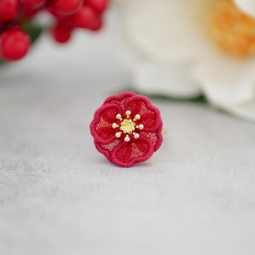 特集掲載】赤椿リング (受注生産/オーガンジー刺繍/指輪/花/フラワー 