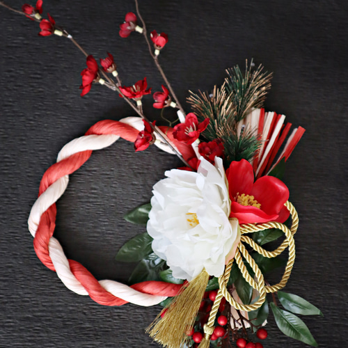 お正月飾り しめ縄 紅白牡丹と椿 しめ縄・しめ飾り La Pommeraie 通販