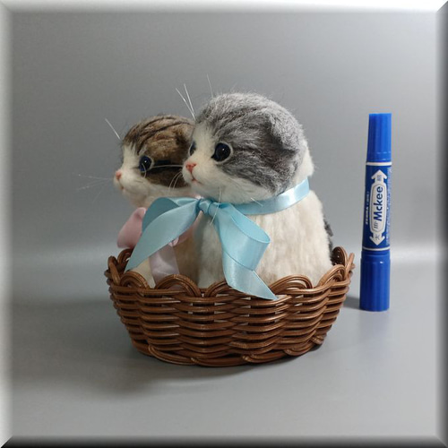 羊毛フェルト 猫 籠入り仲良し子猫ちゃん スコティッシュ