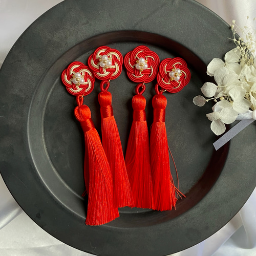 水引ピアス イヤリング 赤MIX梅タッセル 結婚式 卒業式 七五三 成人式