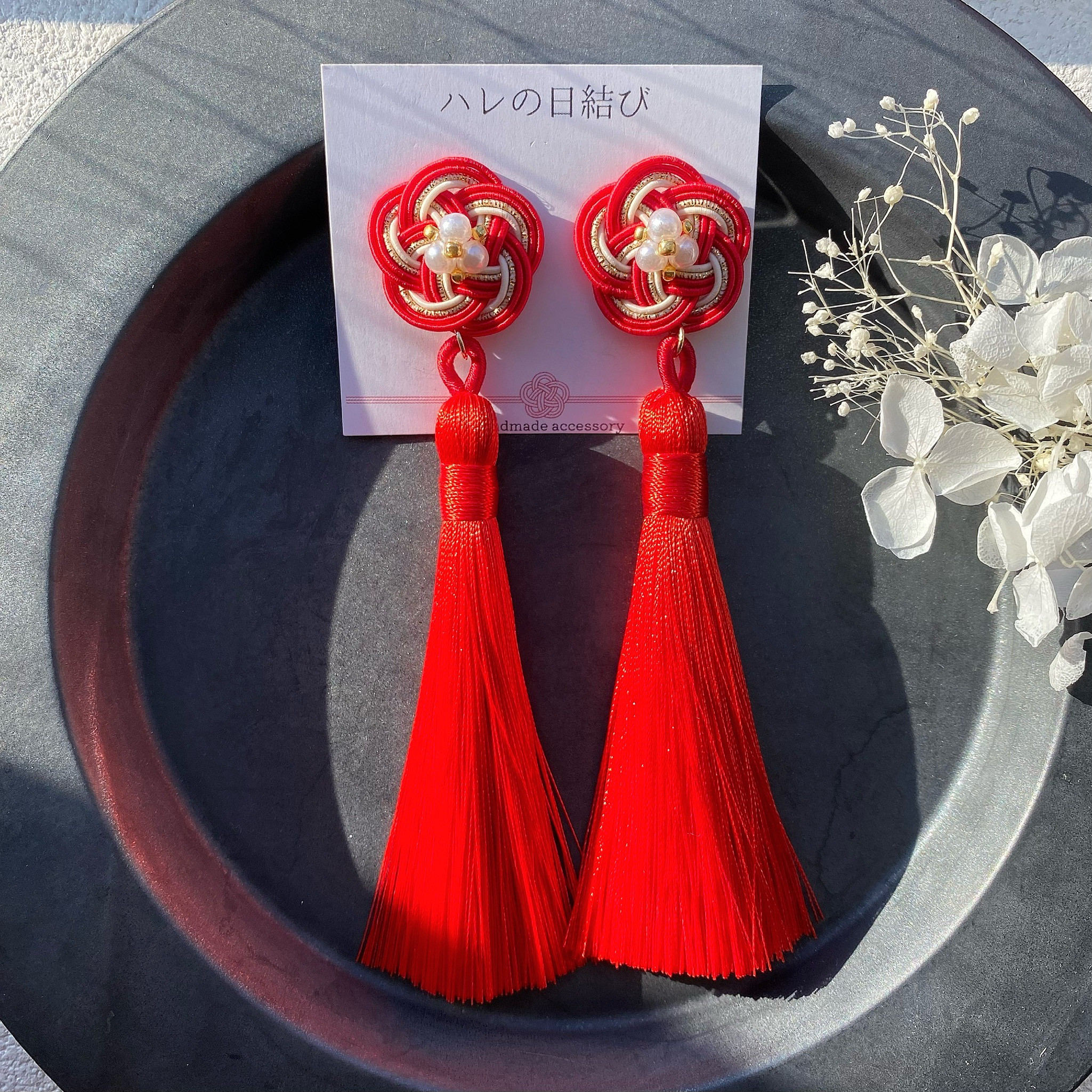 半円 フリンジ タッセル 赤 レッド 大ぶり イヤリング ピアス