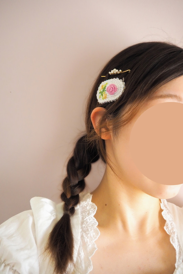 かぎ針編み クラシカルなバラのヘアピン(全5色)  ヘアアクセサリー/バレッタ 5枚目の画像