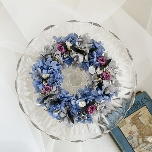 涼しげな藍色紫陽花のSimpleなリース ドライフラワーリース 夏リース-