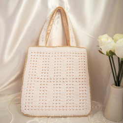かぎ針編み バラとフリルのトートバッグ(白地寒色) 6枚目の画像