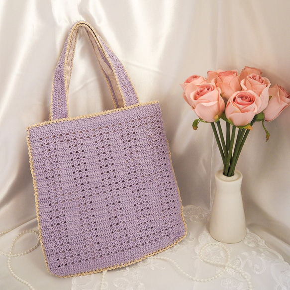 かぎ針編み バラとフリルのトートバッグ(紫地ピンク) 6枚目の画像