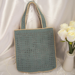 かぎ針編み バラとフリルのトートバッグ(緑地寒色) 6枚目の画像