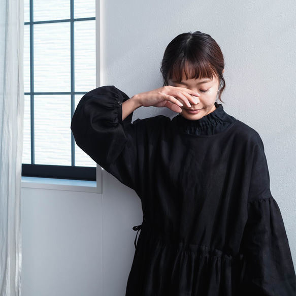 [wafu] [亞麻洋裝] 腰部襯衫點袖洋裝/黑色 a012i-bck1 第10張的照片