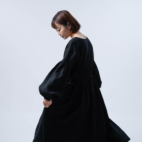 [wafu] [亞麻洋裝] 腰部襯衫點袖洋裝/黑色 a012i-bck1 第4張的照片