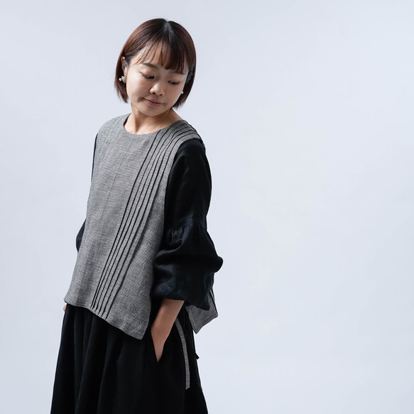 [wafu] [亞麻洋裝] 腰部襯衫點袖洋裝/黑色 a012i-bck1 第8張的照片