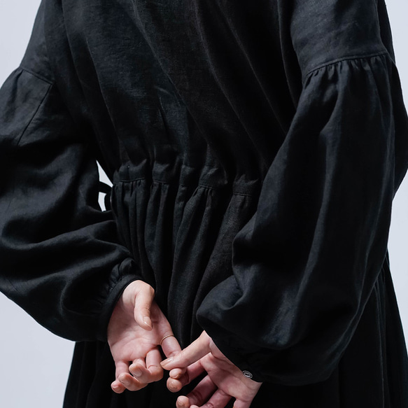 [wafu] [亞麻洋裝] 腰部襯衫點袖洋裝/黑色 a012i-bck1 第14張的照片