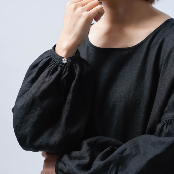 [wafu] [亞麻洋裝] 腰部襯衫點袖洋裝/黑色 a012i-bck1 第16張的照片