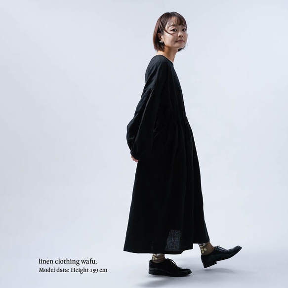 [wafu] [亞麻洋裝] 腰部襯衫點袖洋裝/黑色 a012i-bck1 第2張的照片