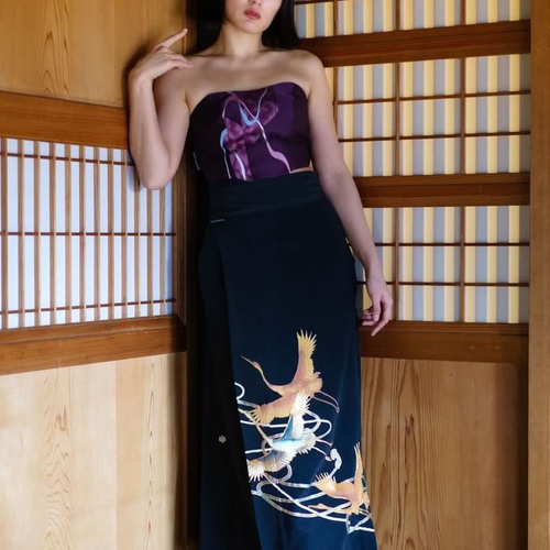 着物リメイクビスチェ ヴィンテージ帯×デニムコルセット
