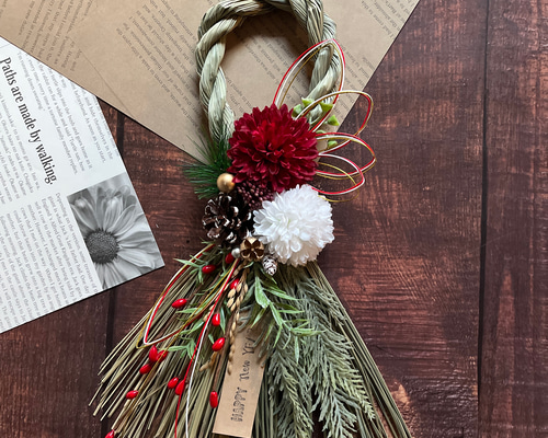 No.873赤い実しめ縄スワッグリース2023ハンドメイドお正月飾り 玄関