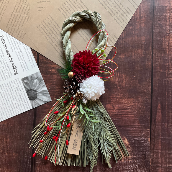 No.873赤い実しめ縄スワッグリース2023ハンドメイドお正月飾り 玄関