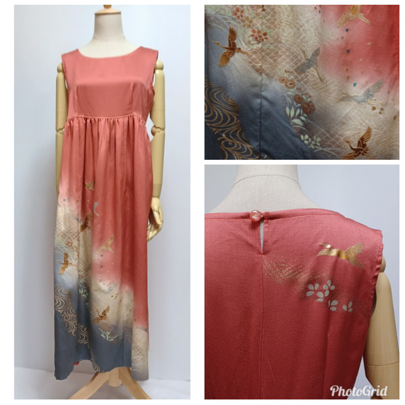 着物リメイク グレーのワンピース 鶴