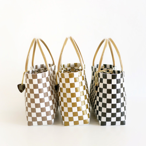 市松模様 チェッカー柄 Sサイズ 2WAYプラカゴバッグ グレージュ