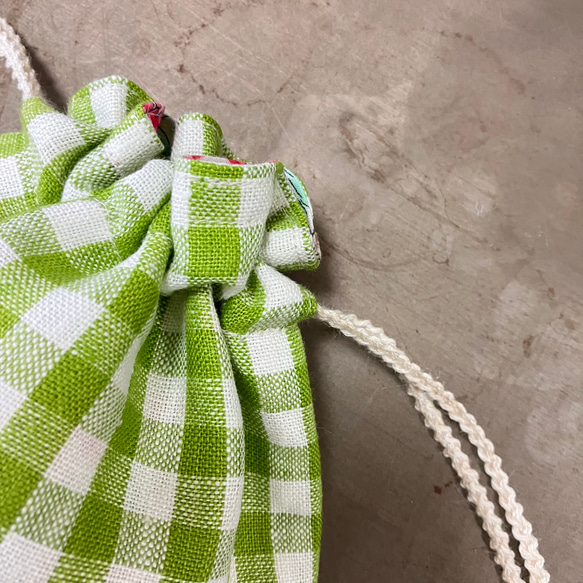 【ＳＡＬＥ】巾着袋　リネンのグリーンチェックとルシアンコットン　巾着⑤ 6枚目の画像