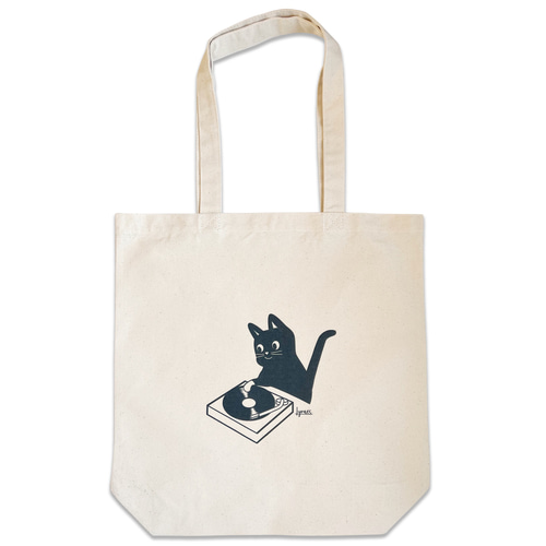 トートバッグ コットン 厚手 DJ猫（ねこ）ネコイラスト エコバッグ A4