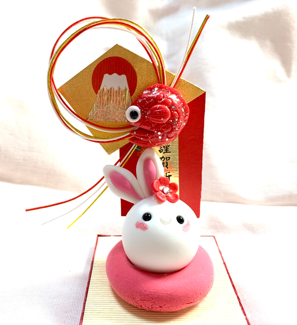 ☆うさぎちゃんのめで鯛飾り(受注生産) 樹脂粘土 置物 お正月 干支