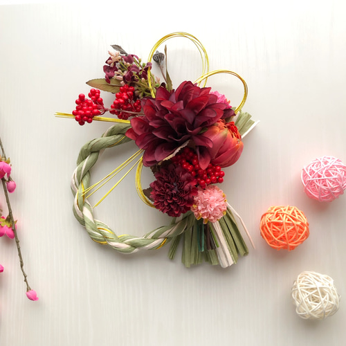 お正月飾り/「赤色ダリア」しめ縄リース しめ縄・しめ飾り natural358