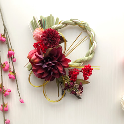 お正月飾り/「赤色ダリア」しめ縄リース しめ縄・しめ飾り natural358