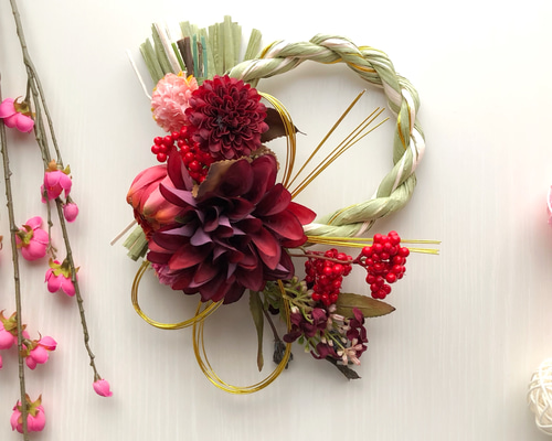 お正月飾り/「赤色ダリア」しめ縄リース しめ縄・しめ飾り natural358