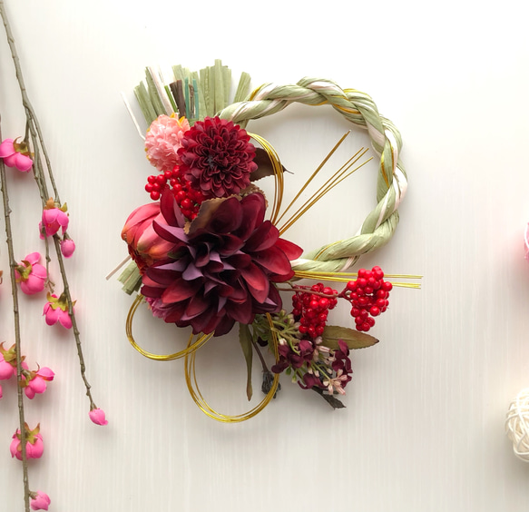 お正月飾り/「赤色ダリア」しめ縄リース しめ縄・しめ飾り natural358