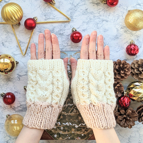 もっちりフレンチメリノウールで編んだアラン模様のバイカラーハンド