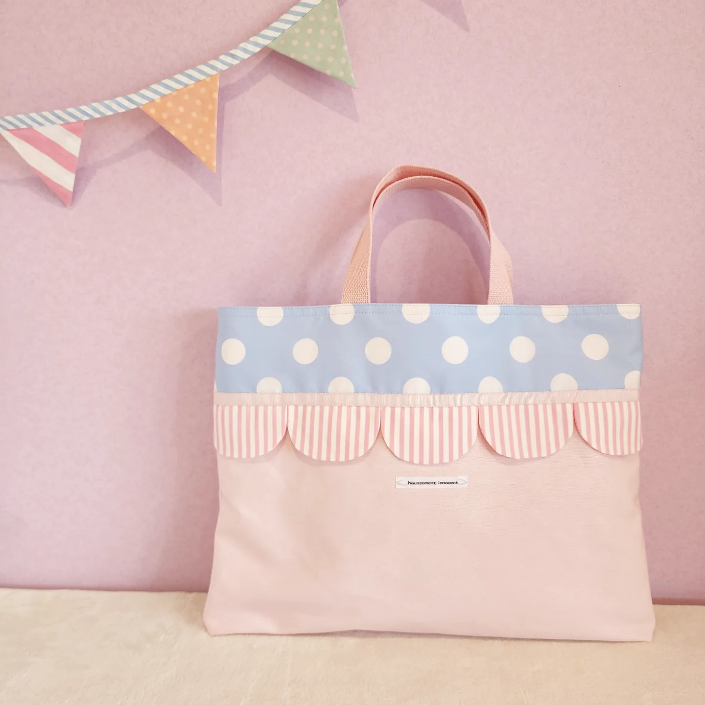 帆布とスカラップのレッスンバッグ　pastel blue