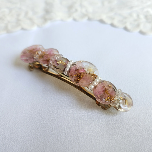 ピンク&ホワイト】フラワーレジンシェルバレッタ♡ドライフラワー 上品