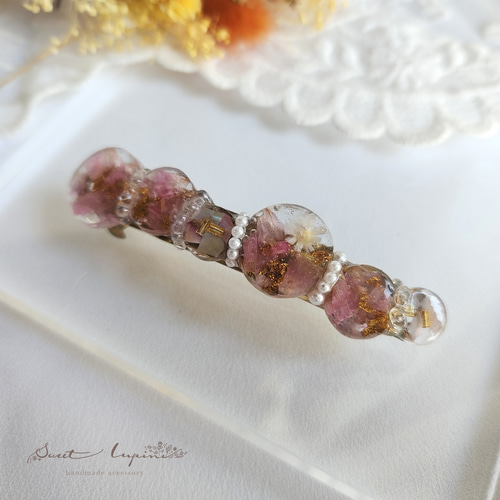 ピンク&ホワイト】フラワーレジンシェルバレッタ♡ドライフラワー 上品