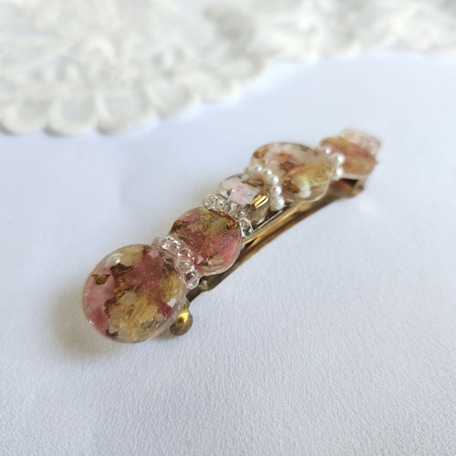 ピンク&イエロー】フラワーレジンシェルバレッタ♡ドライフラワー 上品