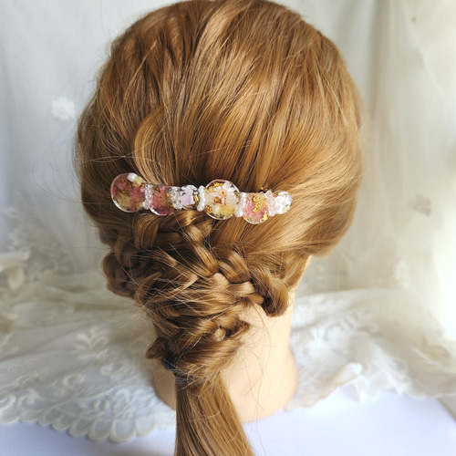 ピンク&イエロー】フラワーレジンシェルバレッタ♡ドライフラワー 上品