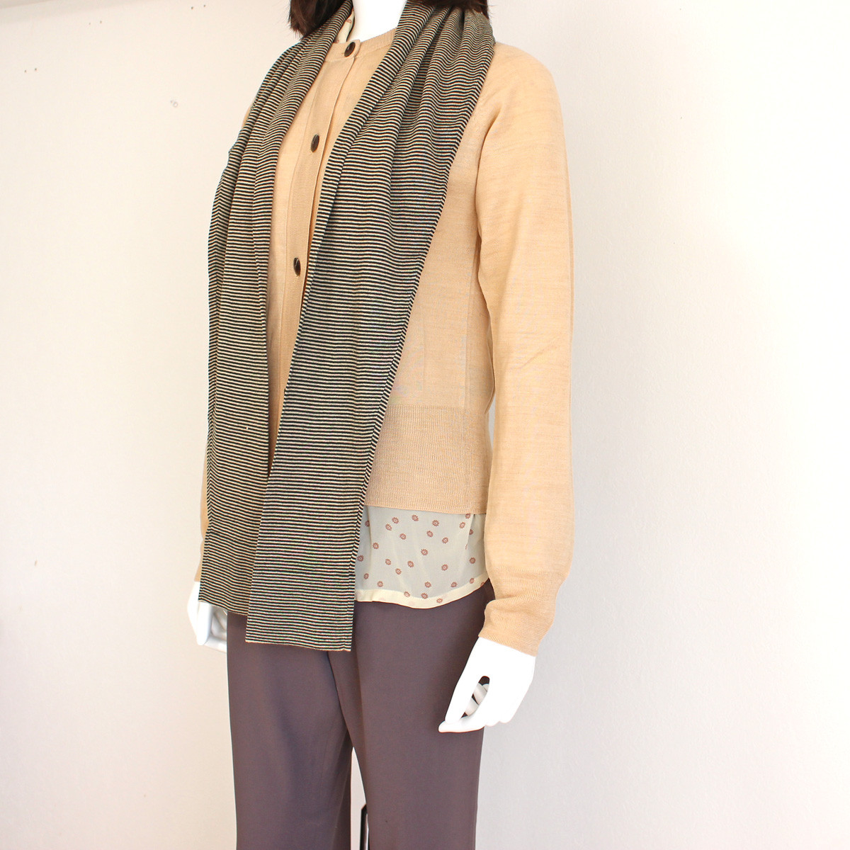 カーディガン ニット ウール マフラー ボーダー 2WAY 長袖 秋冬 ベージュ グリーン【定価13,200円】