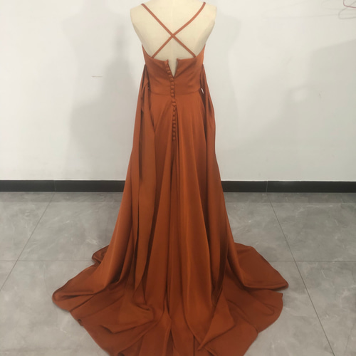 高品質！パーティードレス テラコッタ色 リボン 背中見せ 前撮り結婚式  