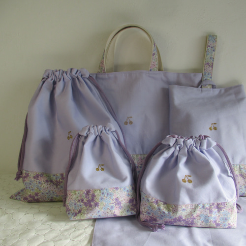 入園入学6点セット　ピンク花柄３　リボン刺繍　さくらんぼ　オーダー制作 入園入学6点セット ピンク花柄3 リボン刺繍 さくらんぼ オーダー制作