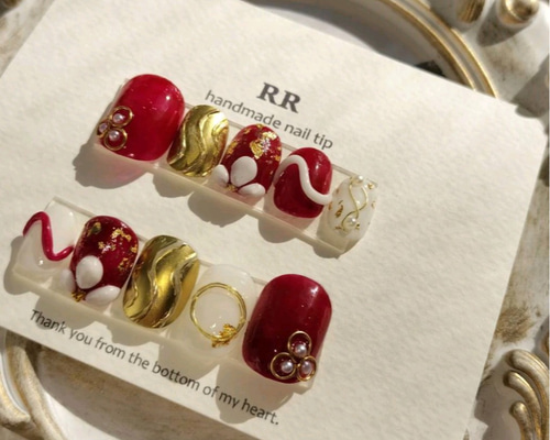 成人式 卒業式 赤 ゴールド ネイルチップ ネイルチップ（つけ爪