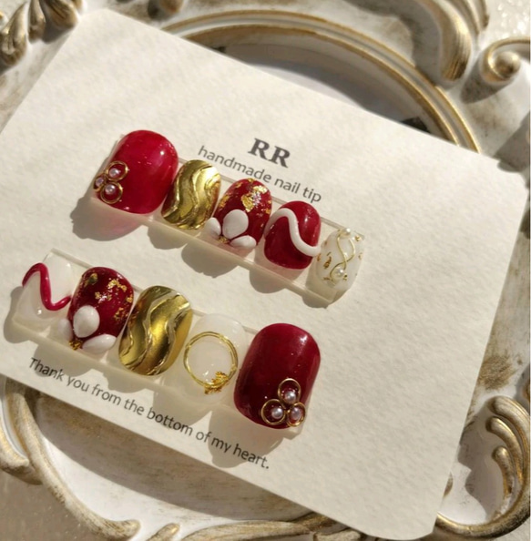 成人式 卒業式 赤 ゴールド ネイルチップ ネイルチップ（つけ爪