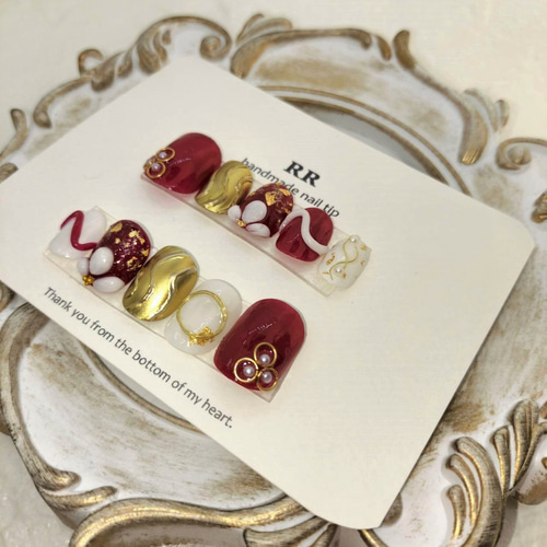 成人式 卒業式 赤 ゴールド ネイルチップ ネイルチップ（つけ爪