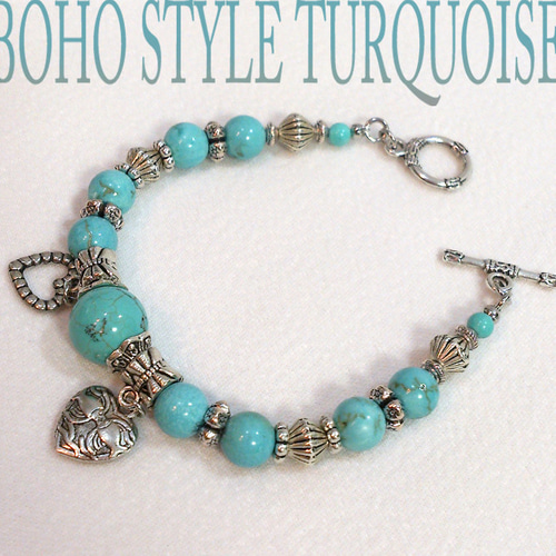 ターコイズハートチャーム ブレスレット bohoスタイルターコイズ ハートチャーム デザインブレスレット